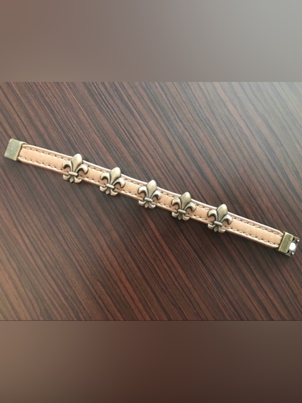 Men's Tan Leather Bracelet with Fleur-de-Lis Metal Accents